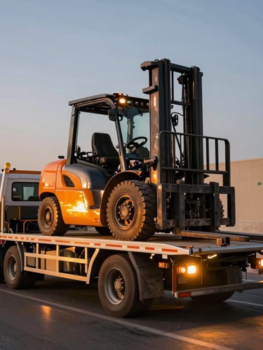 Dynamic wide shot of a heavy forklift being secured onto a modern flatbed recovery truck in Dubai, intense amber strobe lights reflecting off metallic surfaces at dusk