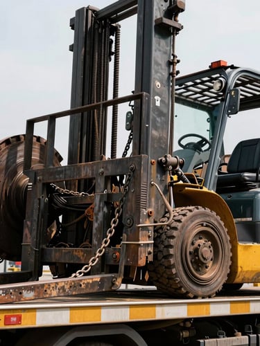 Low-angle dramatic close-up of heavy steel winches and high-tensile chains securing a yellow industrial forklift onto a flatbed tow truck, metallic textures, high contrast.