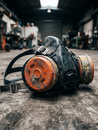 Close-up of a heavy-duty respirator mask with orange filters, resting on a dusty concrete floor, high-contrast industrial warehouse lighting, gritty texture, sharp focus