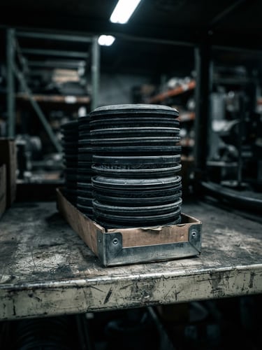 Macro shot of heavy-duty NIOSH-rated respirator filters stacked on a steel warehouse shelf, harsh industrial lighting, high contrast