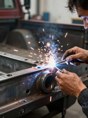 Close-up of a certified technician's hands welding a heavy-duty steel component onto a truck bed in a high-contrast workshop, sparks flying, gritty metallic tones, sharp focus, 35mm documentary style.