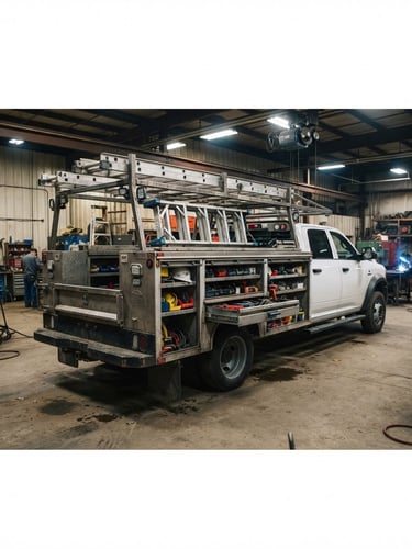 Wide panoramic shot of a completed heavy-duty utility truck upfit, custom steel shelving and ladder racks visible, parked in a clean workshop bay under industrial lights, high contrast, gritty metallic tones.