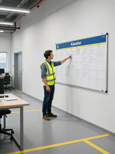 Medium-wide shot of a clean, structured industrial workspace with high-visibility safety lines. A consultant in a safety vest points to a visual Kanban board, bright natural daylight.