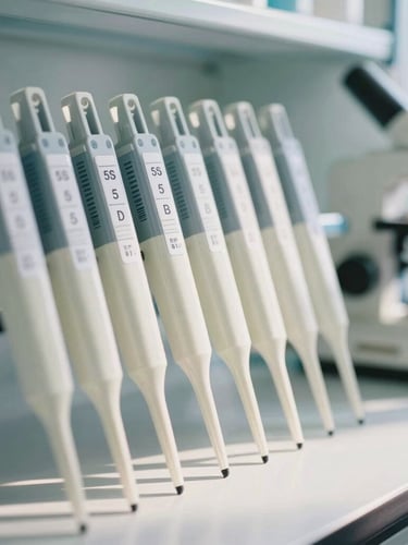 Clean organized laboratory environment with structured pipettes and visual 5S management labels, bright natural clinical daylight, close-up framing