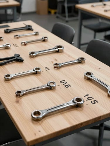 Bovenaanzicht van een strak georganiseerd industrieel werkstation met duidelijke 5S-markeringen, helder daglicht, gereedschappen geordend op een schaduwbord.