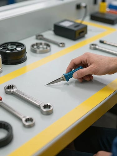Close-up of clean, organized industrial workbench with yellow safety outlines for tools, bright natural daylight, technical precision.