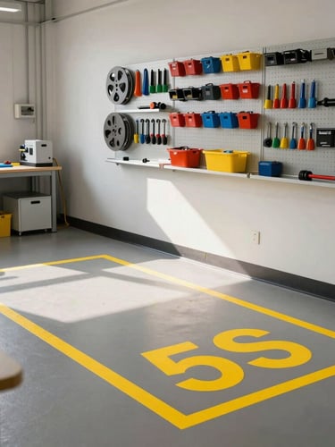 Clean, highly organized industrial workspace, visual 5S floor markings in safety yellow, organized tool board on the wall, bright natural daylight, medium shot.