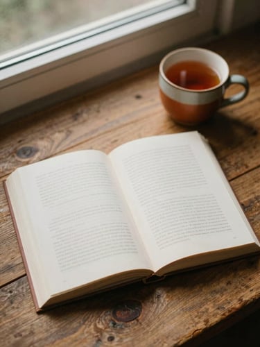 Overhead flatlay of an open hardcover book showing textured paper pages, resting on a rustic wooden table next to a warm ceramic mug of tea, soft morning window light, warm earthy tones, 35mm film grain.