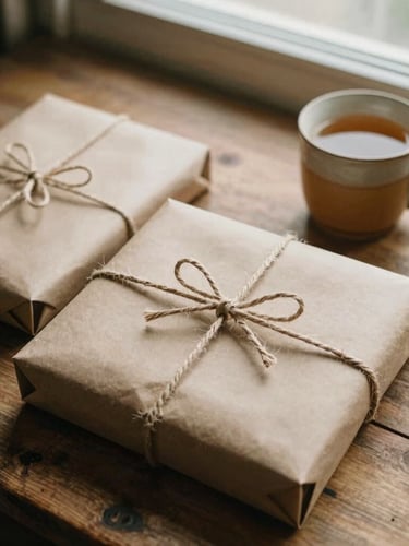 Overhead flatlay of hand-wrapped book packages in heavy brown paper, tied with twine, resting on a rustic wooden table next to a warm ceramic mug of tea, soft window light, warm earthy tones, 35mm film texture