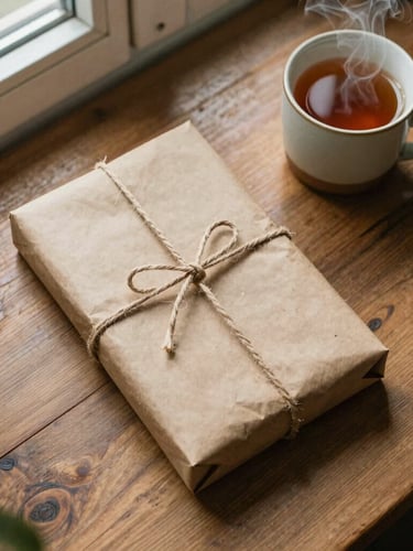 Overhead flatlay of a hand-wrapped book package in heavy brown paper, sealed with twine, resting on a rustic wooden table next to a steaming ceramic mug of tea, warm morning window light, soft shadows, 35mm film texture