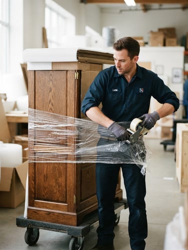Bright editorial photography of a professional crew member in clean uniform securing protective wrap on a wooden cabinet, sharp focus, 35mm