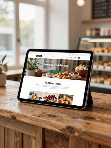 Straight-on eye-level shot of a modern tablet displaying a clean local business website, resting on a rustic wooden service counter inside a brightly lit local bakery, soft natural window light.
