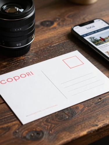 A physical printed direct mail postcard resting on a dark wooden workbench next to a smartphone showing a clean local business website