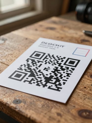 Straight-on eye-level shot of a physical printed direct mail postcard with a prominent QR code resting on a rustic wooden workshop table, warm natural light from a nearby window.