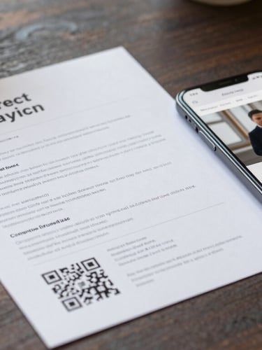 A printed direct mailer with a QR code resting next to a modern smartphone displaying a matching landing page on a dark wooden table, natural overcast daylight.
