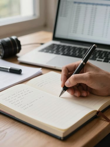 Close-up of hands writing notes in an open notebook on a desk, financial data visible on a laptop screen in the background, natural daylight from a side window, pen mid-stroke, papers and a highlighter nearby