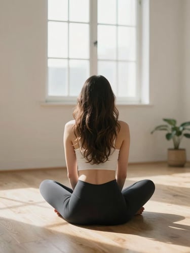 Tall portrait frame — a woman in a gentle seated forward fold on a light wood floor, soft morning window light falling across her back, minimal white interior, a small potted plant in the far corner, calm and unhurried atmosphere