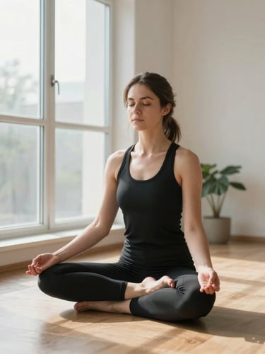 Wide portrait of a woman seated cross-legged on a light wooden floor near a large window, hands resting on knees in a quiet meditation pose, soft morning light falling across her side, clean white interior with a small potted plant visible in the background, calm and unhurried