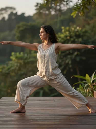 Wide portrait frame — a woman in a low lunge warrior pose outdoors on a wooden deck, surrounded by soft green foliage, golden hour side light, loose linen clothes, body relaxed and grounded not strained