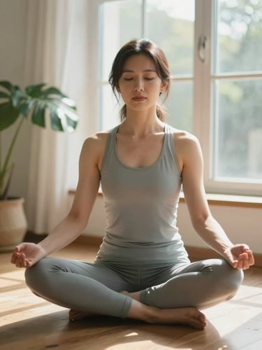 Medium portrait shot, woman in her mid-thirties seated cross-legged on a wooden floor near a sunlit window, hands resting on knees in a gentle yoga position, soft morning light streaming across her face and shoulders, pale green houseplants visible in the background, calm and unhurried mood