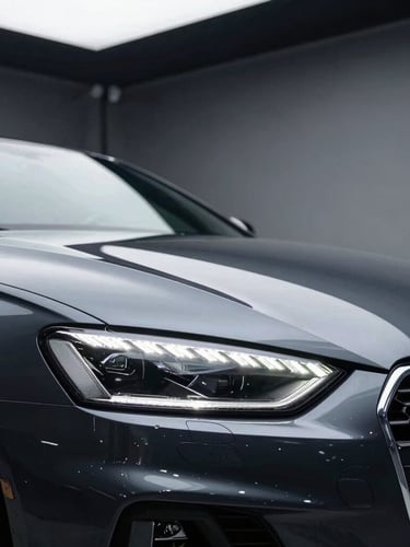 Low-angle dramatic close-up of a clean dark sports car inside a detailing bay, sharp LED inspection lights reflecting off the wet-look polished hood, high contrast.