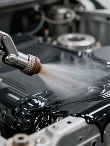 Extreme close-up of a high-pressure undercoating gun spraying heavy-duty black protective sealant onto a clean truck chassis, dramatic technical lighting highlighting the metallic texture.