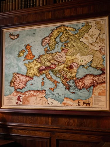 Dramatic low-key photography of a large-format framed Roman empire map hanging on a dark oak library wall, warm candlelight casting deep shadows, 35mm macro lens detail.