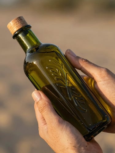 Close-up of a dark green glass olive oil bottle, embossed details catching warm golden-hour light, held gently by hands with natural soil traces, shallow depth of field.
