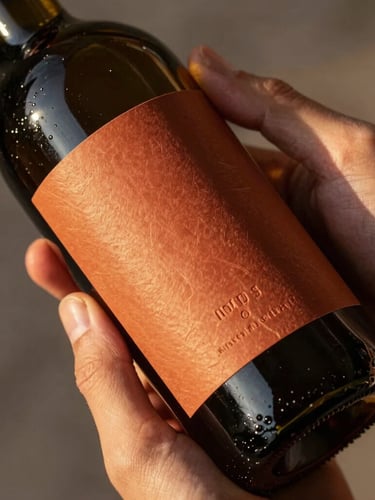Close-up of physical wine bottle packaging with embossed terracotta labels held naturally by hands, warm golden hour sun casting soft shadows.
