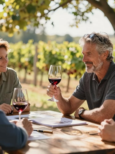 Candid shot of a family winemaker sharing a glass of red wine with a designer at a rustic wooden table, sun-drenched afternoon light filtering through trees.