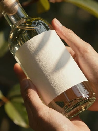 Cinematic close-up of hands holding a beautifully designed glass bottle with a textured paper label, warm golden hour sunlight filtering through leaves, creating soft shadows.