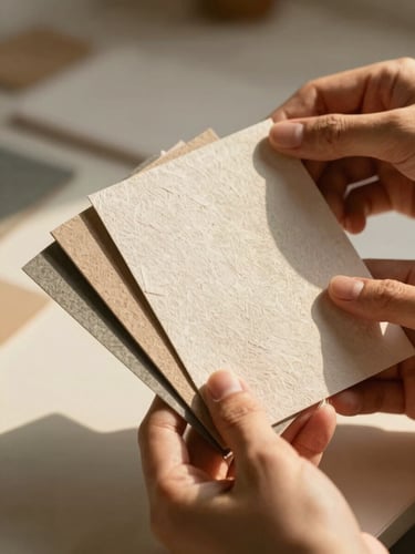 Close-up of hands holding textured handmade paper samples in warm golden afternoon light, soft shadows, shallow depth of field.