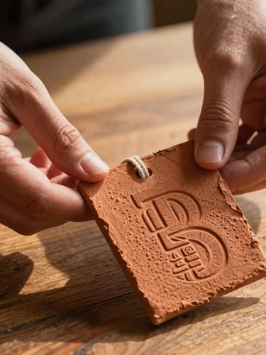 Close-up of hands carefully holding a textured, heavily embossed terracotta paper wine label under warm golden hour sunlight, soft shadows on a rustic wooden table, shallow depth of field