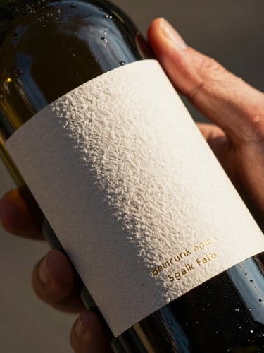 A close-up photograph of hands holding a wine bottle with a textured, embossed cotton paper label, warm afternoon sunlight highlighting the gold foil details and paper grain, shallow depth of field.