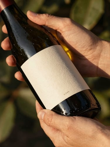 Close-up of human hands gently holding a premium wine bottle with a textured, embossed cream paper label. Sun-drenched golden hour light filters through leaves, casting soft shadows. Candid, shallow depth of field.