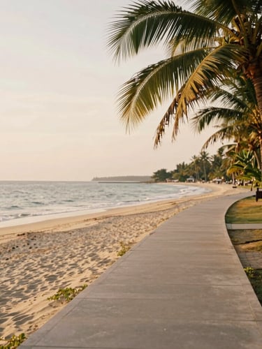 A peaceful coastal pathway on Koh Sarai, leading to a quiet beach, warm golden hour light, soft tropical tones, 35mm film aesthetic