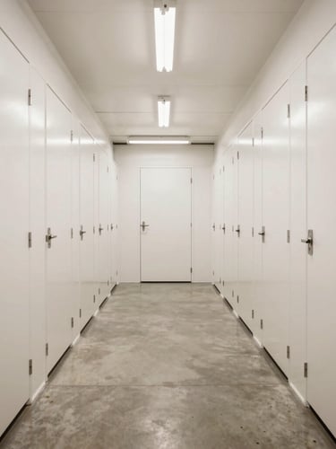 Symmetrical wide-angle shot of a clean, brightly lit storage corridor with glossy white doors and polished concrete floors, warm overhead lighting.