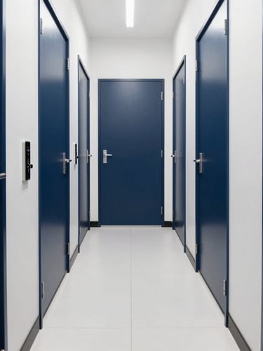 A straight-on, symmetrical architectural shot of a clean, brightly lit storage corridor with deep navy doors and pristine white floors, modern keyless entry panel visible on the foreground wall.