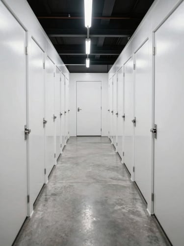 Straight-on symmetrical shot of a brightly lit, immaculate self-storage corridor with clean white doors and polished concrete floors.