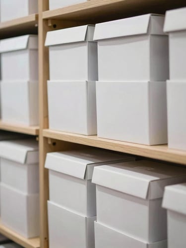 A close-up of organized commercial inventory, including high-end retail packaging and pristine storage boxes, stacked neatly inside a brightly lit climate-controlled unit.