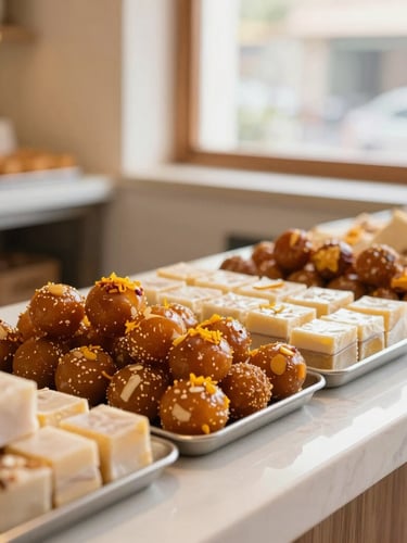 Warm environmental shot of a clean, modern Indian sweet shop counter with neat rows of freshly made saffron laddoos and kaju katli under soft window light