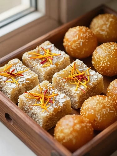 Overhead flat-lay of a wooden box filled with saffron-infused kaju katli and golden laddoos, warm morning light from a side window, rich food textures, shallow depth of field.