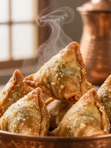 Close-up of golden, crisp samosas being lifted from a traditional copper vessel, steam rising gently, warm directional studio light highlighting the flaky pastry texture.