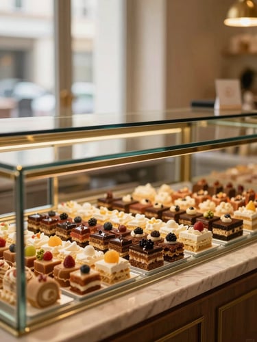 Warm editorial food photography of a clean, modern sweet shop counter, glass display showing neat rows of colorful fresh sweets, polished brass accents, soft natural window light, rich saturated warm tones, shallow depth of field, 50mm lens