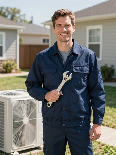 Portrait shot of a friendly, clean-cut HVAC technician in a navy uniform, holding a wrench, smiling confidently, standing next to an outdoor AC condenser unit in a residential Peyton backyard. Bright natural sunlight.