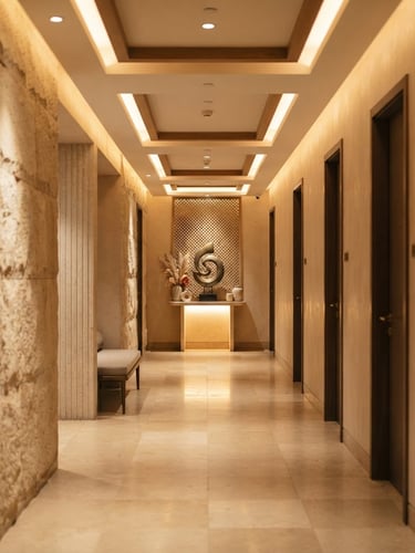 An architectural perspective of a minimalist spa corridor in Gurgaon, warm indirect lighting casting soft shadows on beige stone walls, clean lines, shallow depth of field