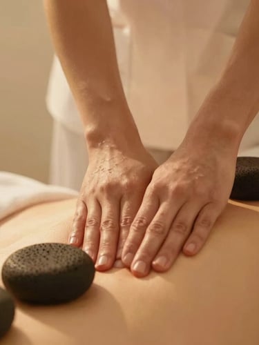 Close-up of professional therapist hands performing a precise deep tissue massage, warm volcanic stones resting nearby, soft golden-hour light, warm beige background