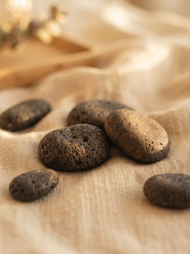 Close-up of warm volcanic stones resting on clean linen, soft diffused golden-hour light, muted gold and beige tones