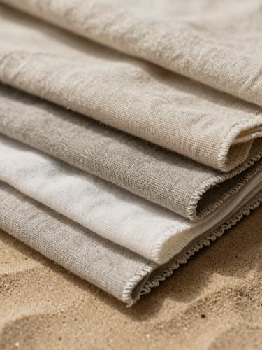 Close-up of premium textured linen and heavy organic cotton swatches stacked on a warm sand surface, soft diffused daylight casting gentle shadows.