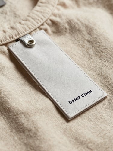 Close-up of a custom clothing tag stitched onto a heavy-weight organic cotton shirt, warm natural daylight, focus on fabric texture.